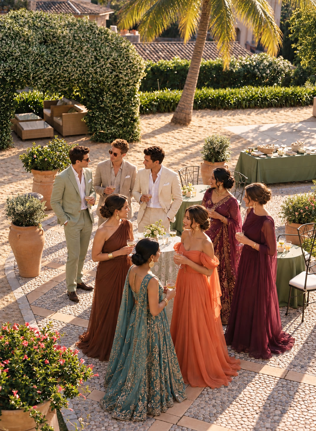 Guests in suits, gowns and a lehenga mingling on a terrace