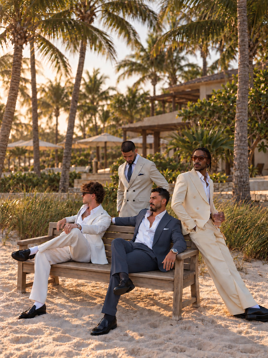 Three men in tailored suits, relaxing on a bench on the beach