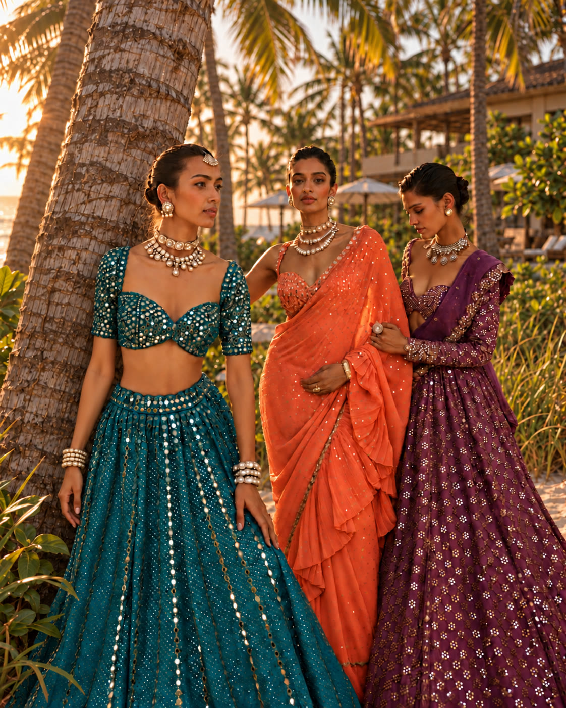 Three women in a teal lehenga, an orange sari and a plum sari beside a palm tree