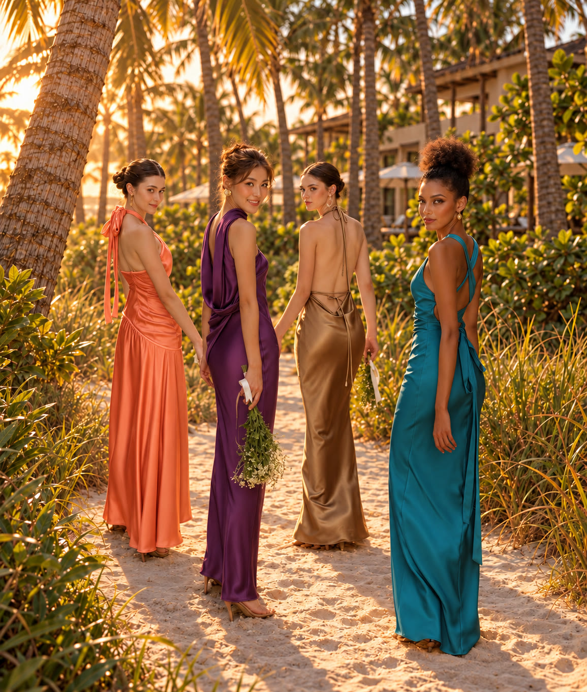 Four women in orange, plum, bronze and teal evening gowns on the beach