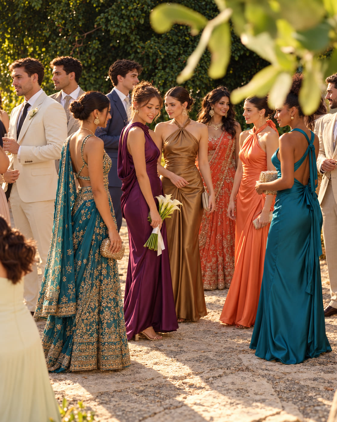 Guests in jewel-toned gowns, a lehenga and cream suits chatting on the sand