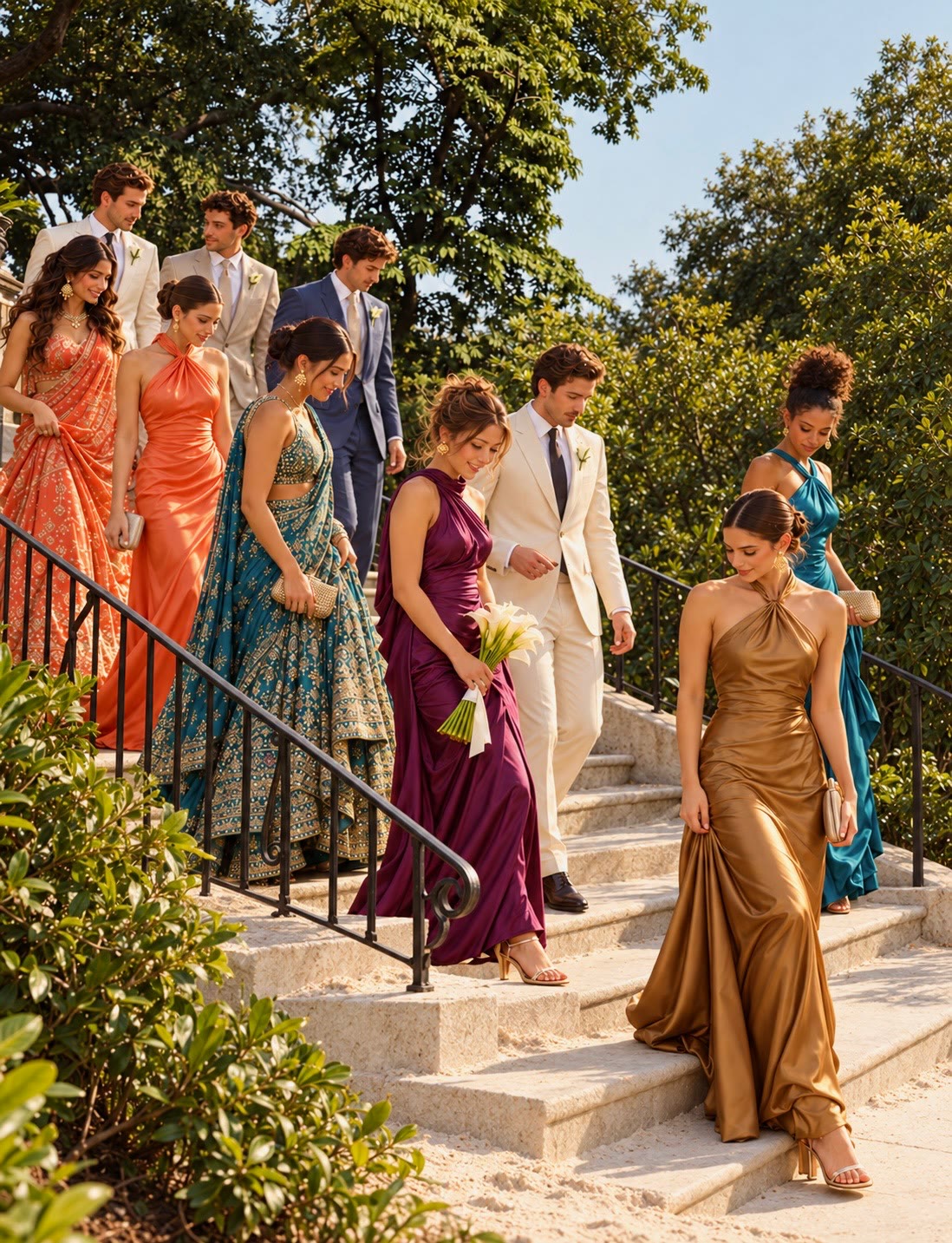 Guests in saris, gowns and suits walking down stone steps to the beach