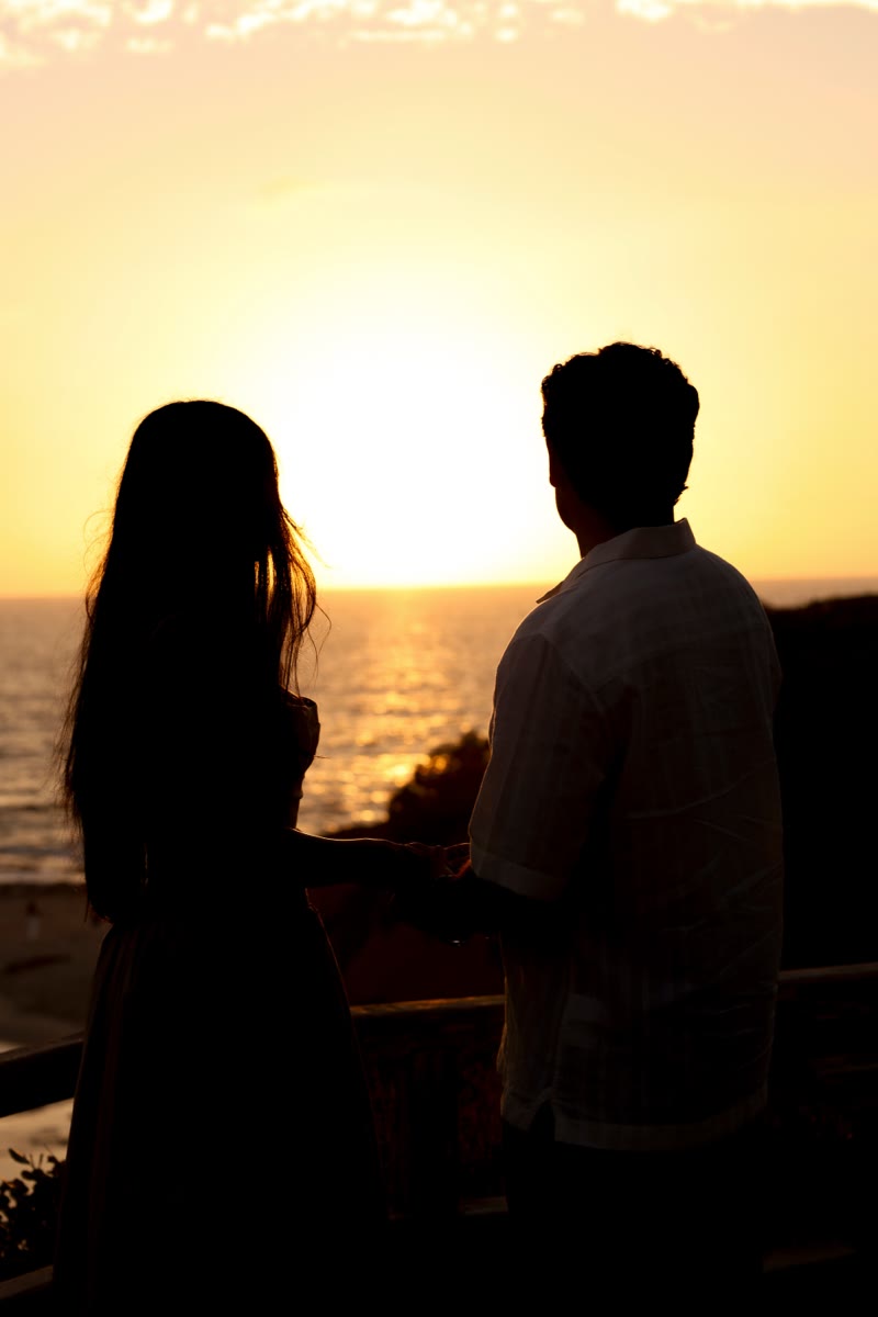 Holding hands, silhouetted against the sunset